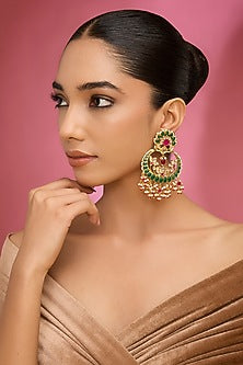 Gold Finish Green Kundan Polki & Pearl Chandbali Earrings