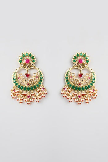 Gold Finish Green Kundan Polki & Pearl Chandbali Earrings