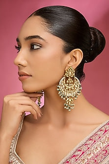 Gold Finish Green Kundan Polki & Pearl Chandbali Earrings