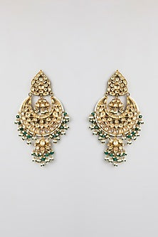 Gold Finish Green Kundan Polki & Pearl Chandbali Earrings