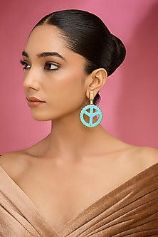 Gold Finish Blue Kundan Polki & Pearl Chandbali Earrings