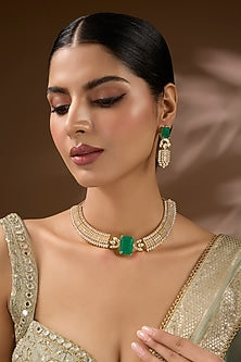 Gold Finish Kundan Polki & Green Stone Choker Necklace Set