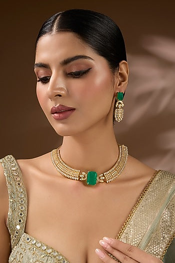 Gold Finish Kundan Polki & Green Stone Choker Necklace Set