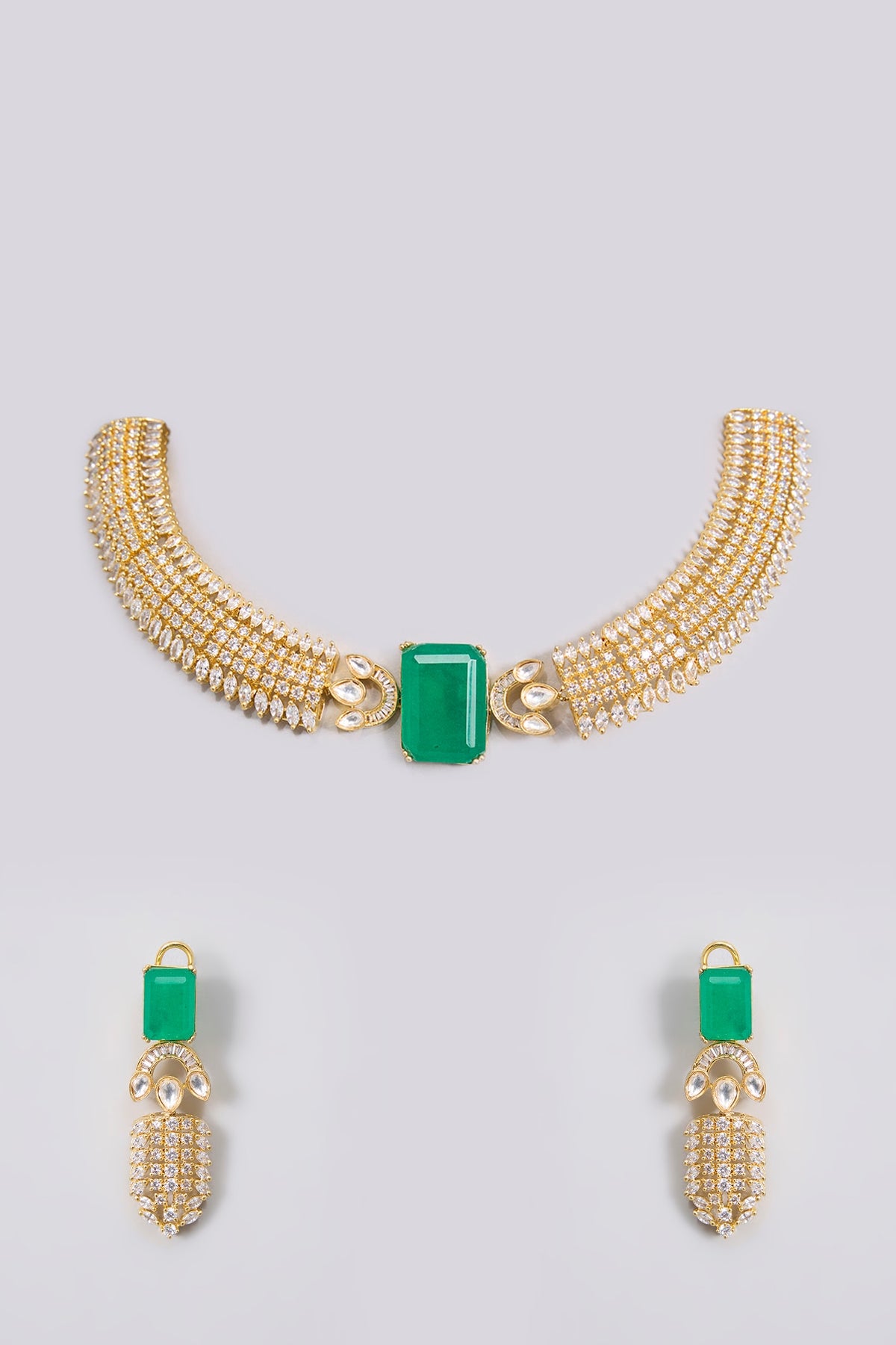 Gold Finish Kundan Polki & Green Stone Choker Necklace Set