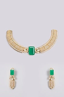 Gold Finish Kundan Polki & Green Stone Choker Necklace Set