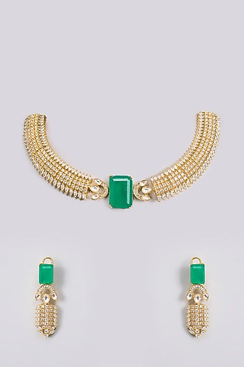 Gold Finish Kundan Polki & Green Stone Choker Necklace Set