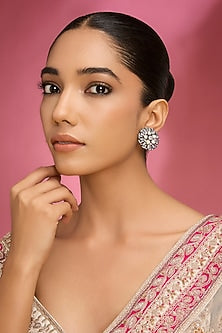 Gold Finish Kundan Polki & Pearl Floral Stud Earrings