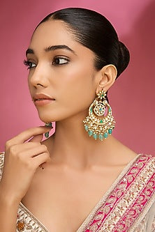 Gold Finish Kundan Polki & Blue Stone Chandbali Earrings