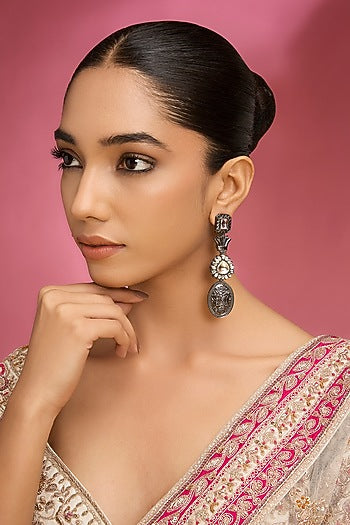 Gold Finish Black Kundan Polki Dangler Earrings