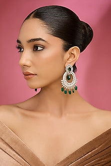Gold Finish Kundan Polki & Green Stone Chandbali Earrings