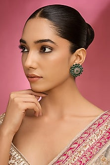 Gold Finish Kundan Polki & Green Stone Stud Earrings