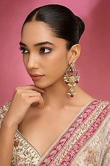 Gold Finish Kundan Polki & Pink Stone Chandbali Earrings