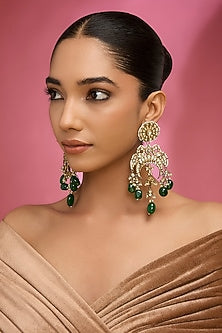 Gold Finish Kundan Polki & Green Stone Chandbali Earrings