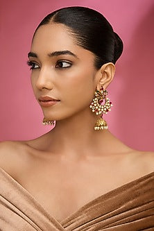 Gold Finish Kundan Polki & Red Stone Chandbali Earrings
