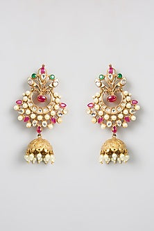 Gold Finish Kundan Polki & Red Stone Chandbali Earrings