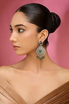 Gold Finish Green Kundan Polki & Pearl Chandbali Earrings