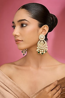 Gold Finish Kundan Polki & Green Stone Chandbali Earrings