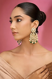 Gold Finish Kundan Polki & Green Stone Chandbali Earrings
