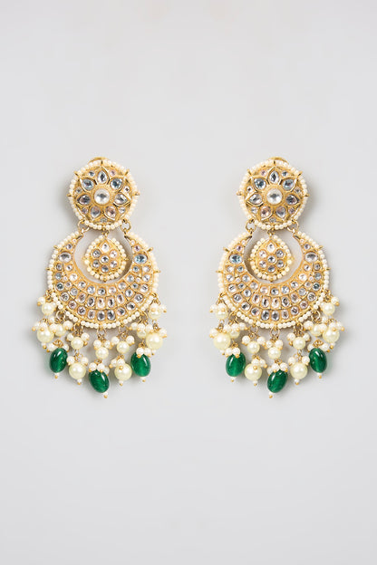 Gold Finish Kundan Polki & Green Stone Chandbali Earrings