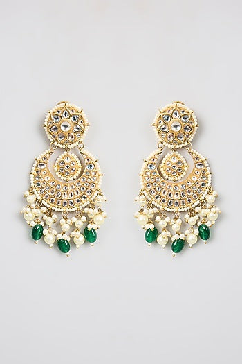 Gold Finish Kundan Polki & Green Stone Chandbali Earrings