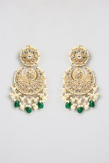 Gold Finish Kundan Polki & Green Stone Chandbali Earrings