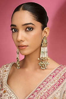 Gold Finish Kundan Polki & Blue Stone Dangler Earrings