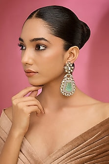Gold Finish Kundan Polki & Green Gemstone Chandbali Earrings