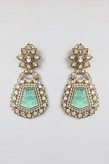 Gold Finish Kundan Polki & Green Gemstone Chandbali Earrings