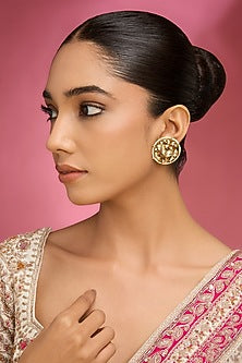 Gold Finish Kundan Polki & White Stone Floral Stud Earrings
