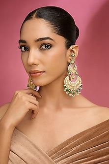 Gold Finish Kundan Polki & Green Stone Chandbali Earrings