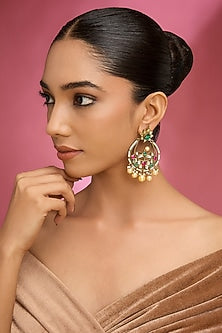 Gold Finish Kundan Polki & Multi-Colored Stone Chandbali Earrings