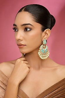 Gold Finish Kundan Polki Turquoise Enameled Chandbali Earrings