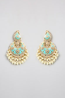 Gold Finish Kundan Polki Turquoise Enameled Chandbali Earrings