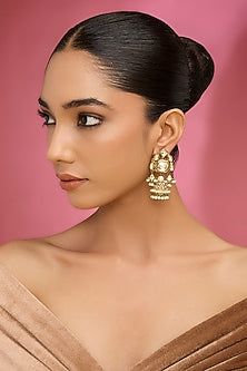 Gold Finish Kundan Polki & Pearl Jhumka Earrings