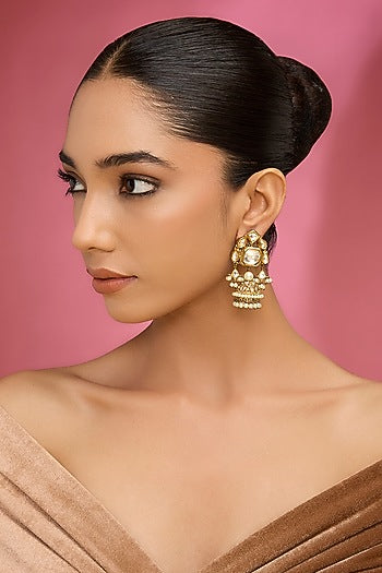 Gold Finish Kundan Polki & Pearl Jhumka Earrings
