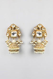 Gold Finish Kundan Polki & Pearl Jhumka Earrings