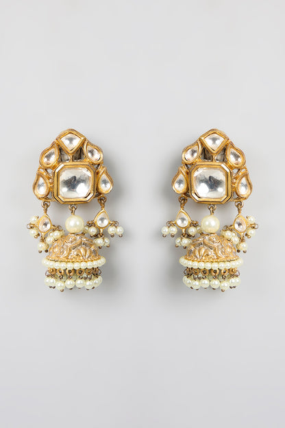 Gold Finish Kundan Polki & Pearl Jhumka Earrings