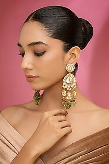 Gold Finish Kundan Polki & Green Beaded Chandbali Earrings