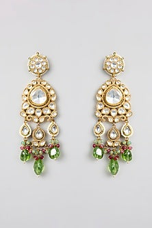 Gold Finish Kundan Polki & Green Beaded Chandbali Earrings