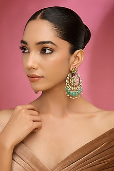 Gold Finish Kundan Polki & Green Beaded Chandbali Earrings