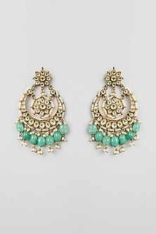 Gold Finish Kundan Polki & Green Beaded Chandbali Earrings