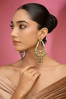 Gold Finish Kundan Polki & Green Beaded Chandbali Earrings