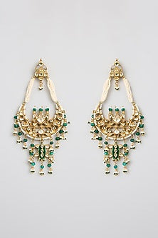 Gold Finish Kundan Polki & Green Beaded Chandbali Earrings