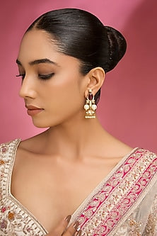 Gold Finish Kundan Polki & Red Gemstone Dangler Earrings