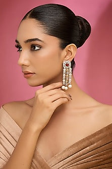 Silver Finish Red Stone & Pearl Drop Dangler Earrings
