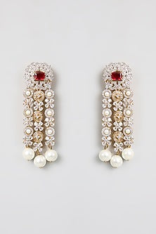 Silver Finish Red Stone & Pearl Drop Dangler Earrings