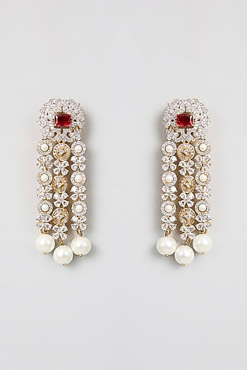 Silver Finish Red Stone & Pearl Drop Dangler Earrings