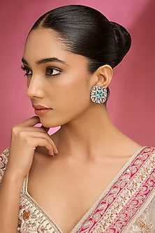 Gold Finish Kundan Polki & Green Gemstone Stud Earrings