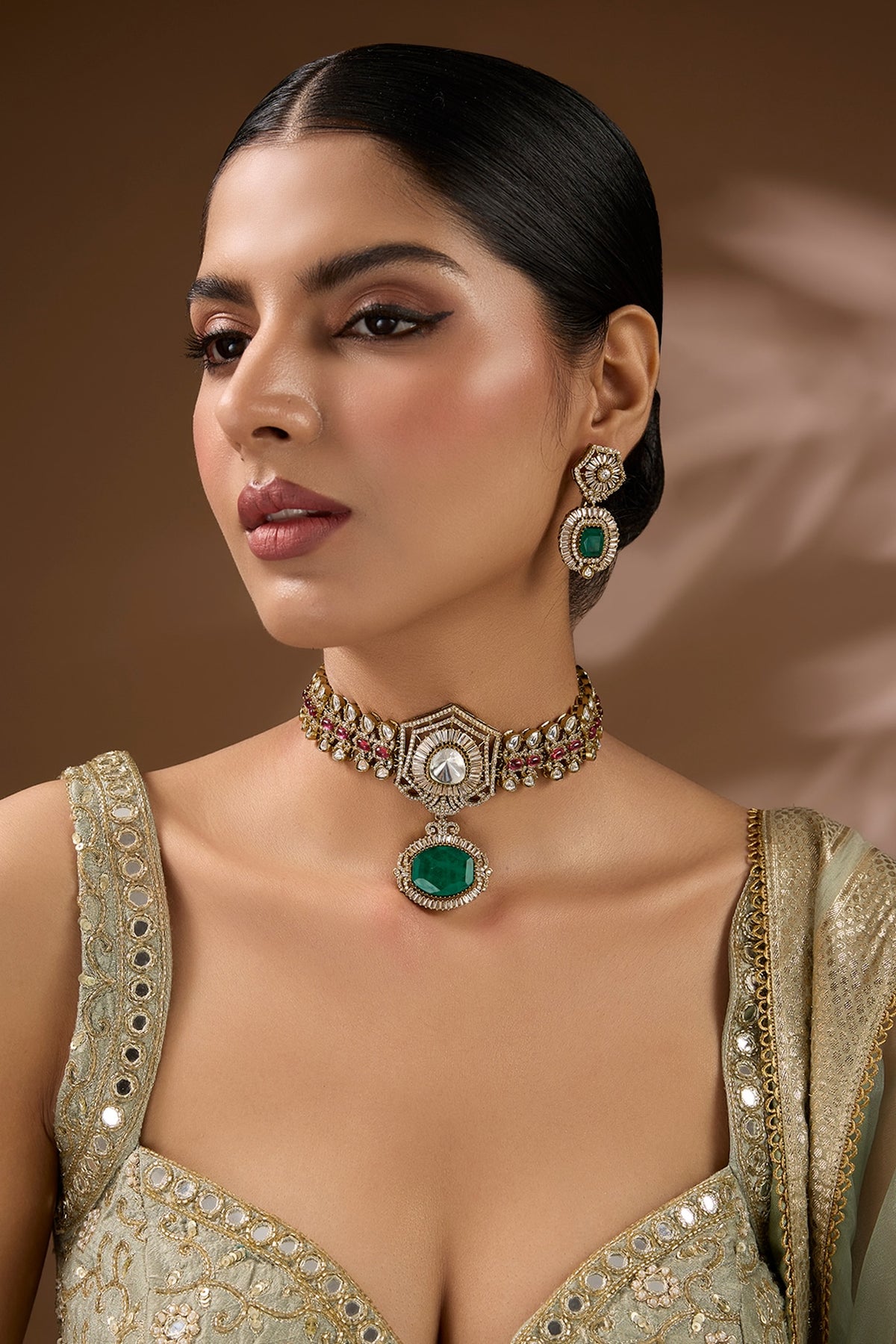 Gold Finish Kundan Polki & Emerald Stone Choker Necklace Set