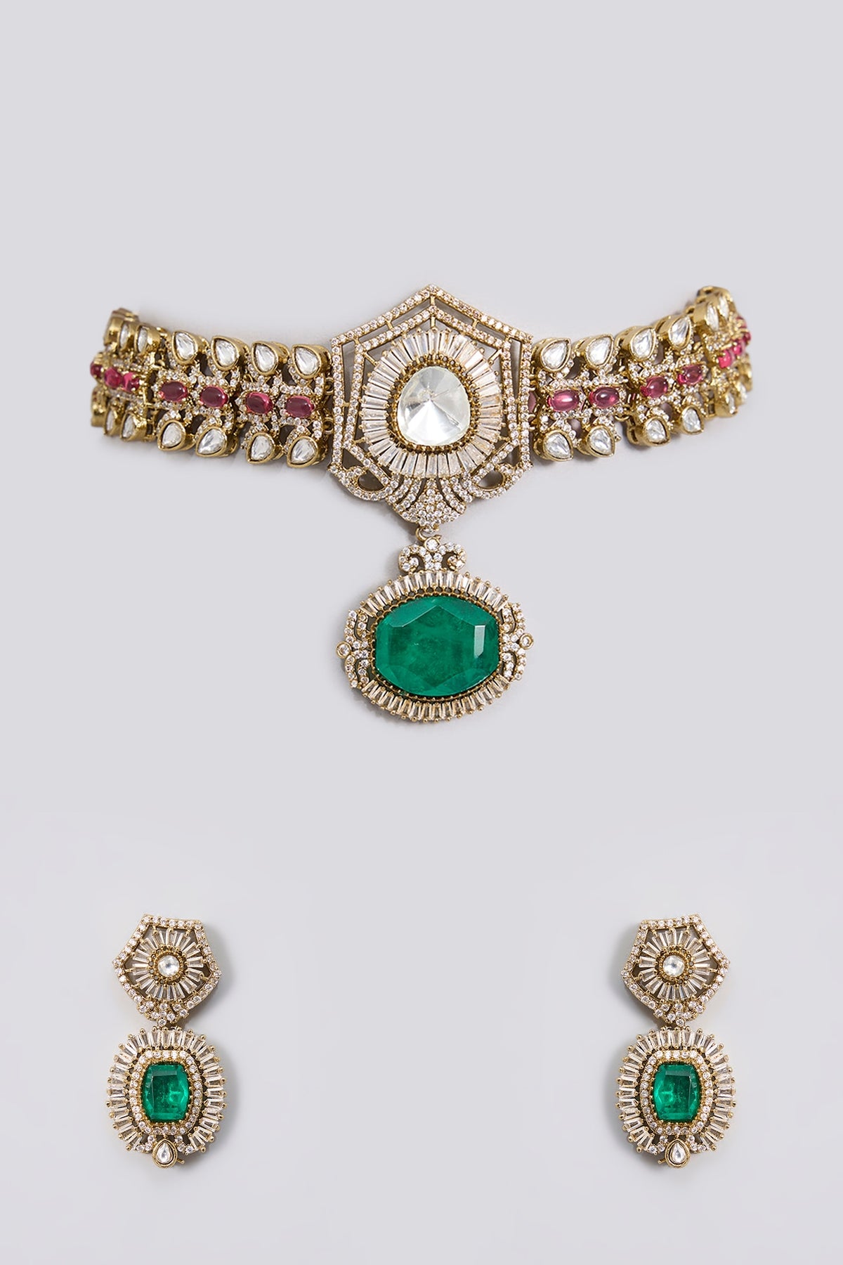 Gold Finish Kundan Polki & Emerald Stone Choker Necklace Set